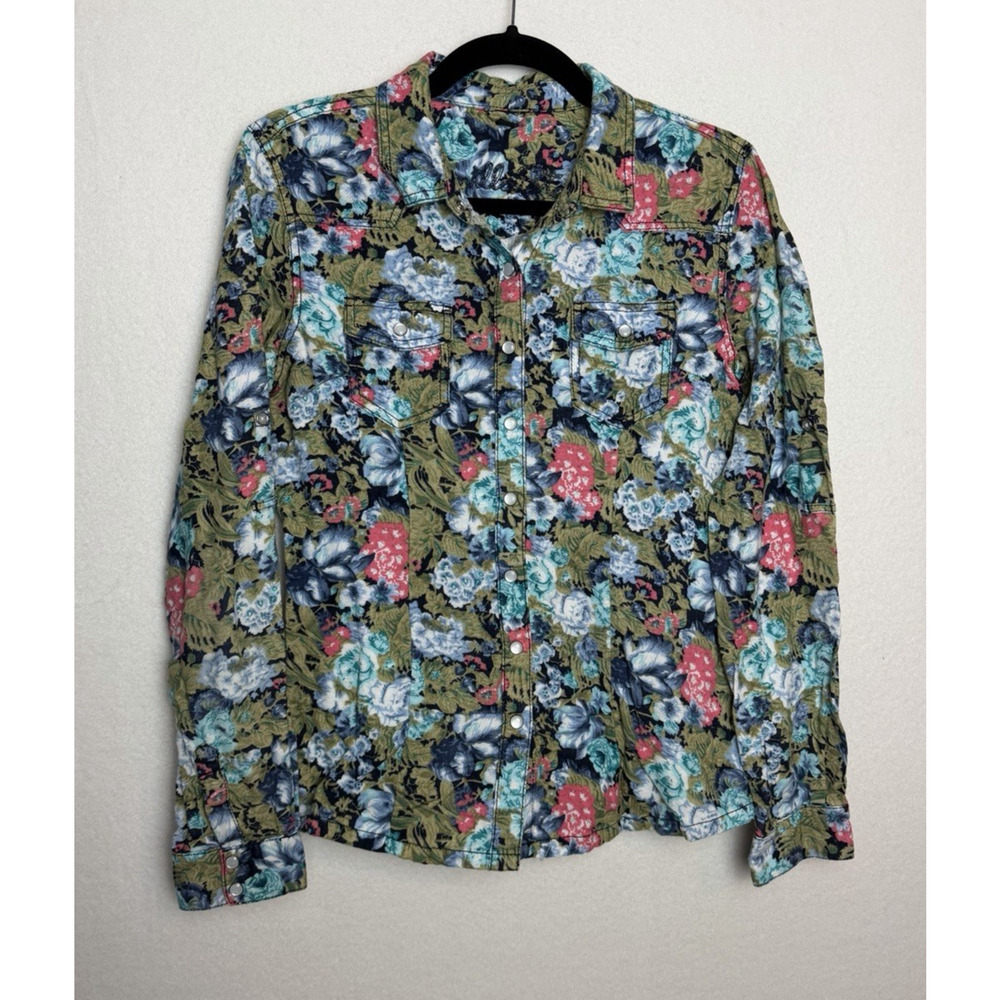 Vanilla Star Women's Blue Floral Pearl Snap Western Long Sleeve Shirt Size Med